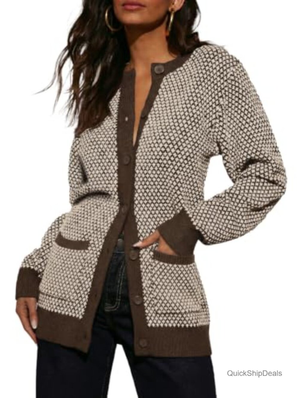 Button Down Plaid Cardigan Sweater Chunky Knit Crew Neck Long Sleeve
